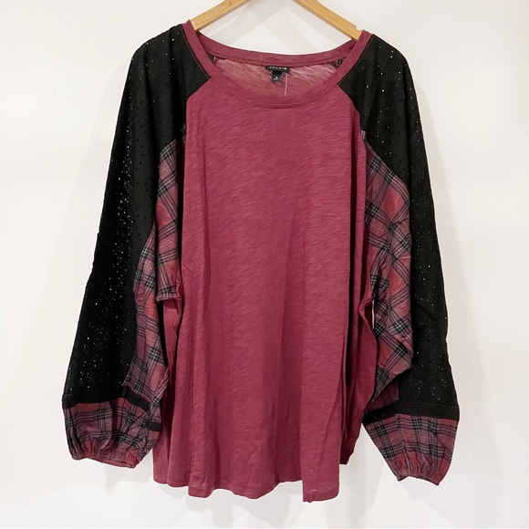 Torrid Cotton Modal Slub Crew Neck Raglan Eyelet Inset Print Mix Top Plaid - Picture 4 of 8